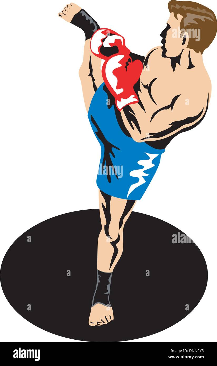 Illustration of a kickboxer kicking fighting done in retro style. Stock Vector