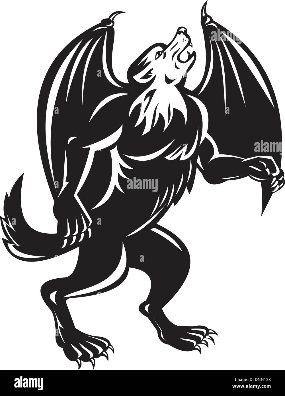 Illustration of a Kludde, a mythical Belgian beast that is a large black  dog, with bat like wings and walks upright on itÕs hind legs facing side  done in black and white