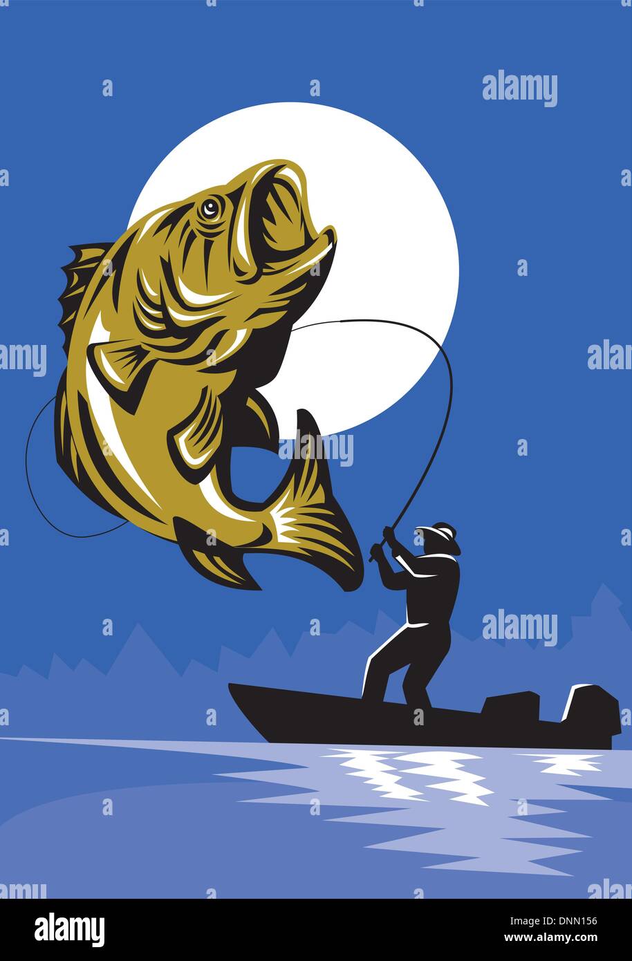 illustration of a Largemouth Bass Fish jumping being reeled by Fly  Fisherman on bass boat with Fishing rod done in retro style Stock Vector  Image & Art - Alamy