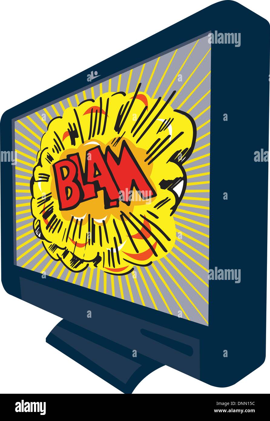 Illustration of an LCD Plasma television TV set on isolated white background with cartoon style explosion and text word blam. Stock Vector