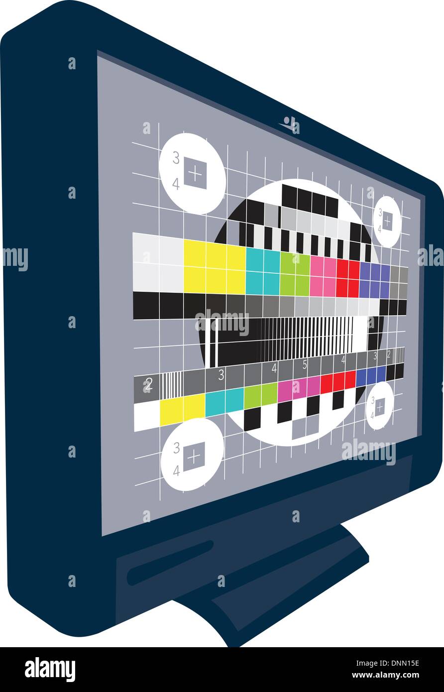 Illustration of an LCD Plasma television TV set on isolated white background. with test signal pattern. Stock Vector