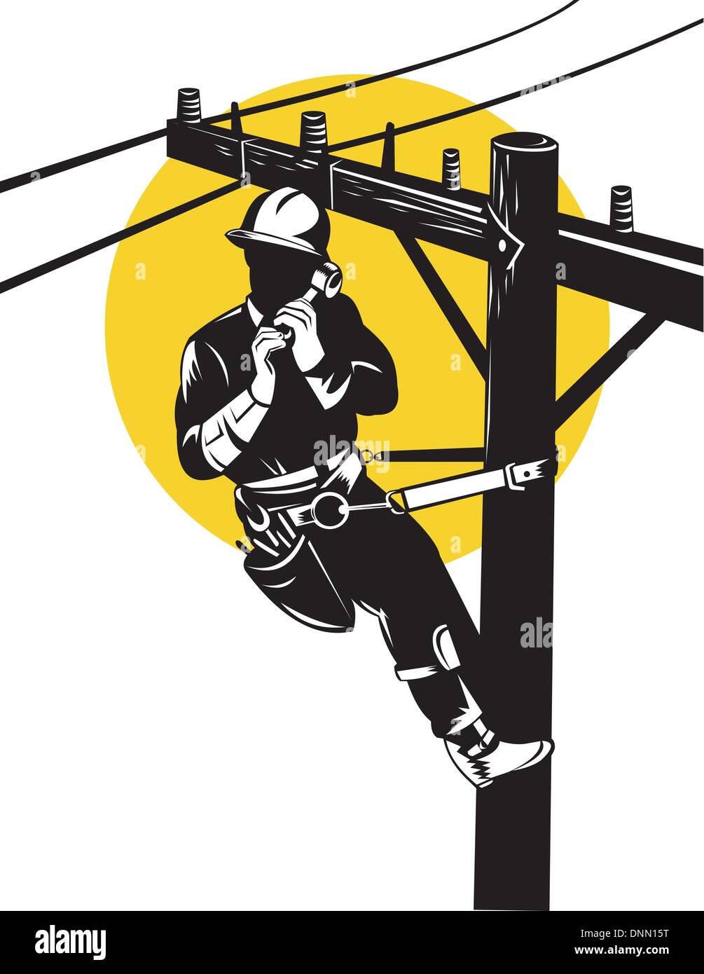 Illustration of a power lineman telephone repairman worker repairing