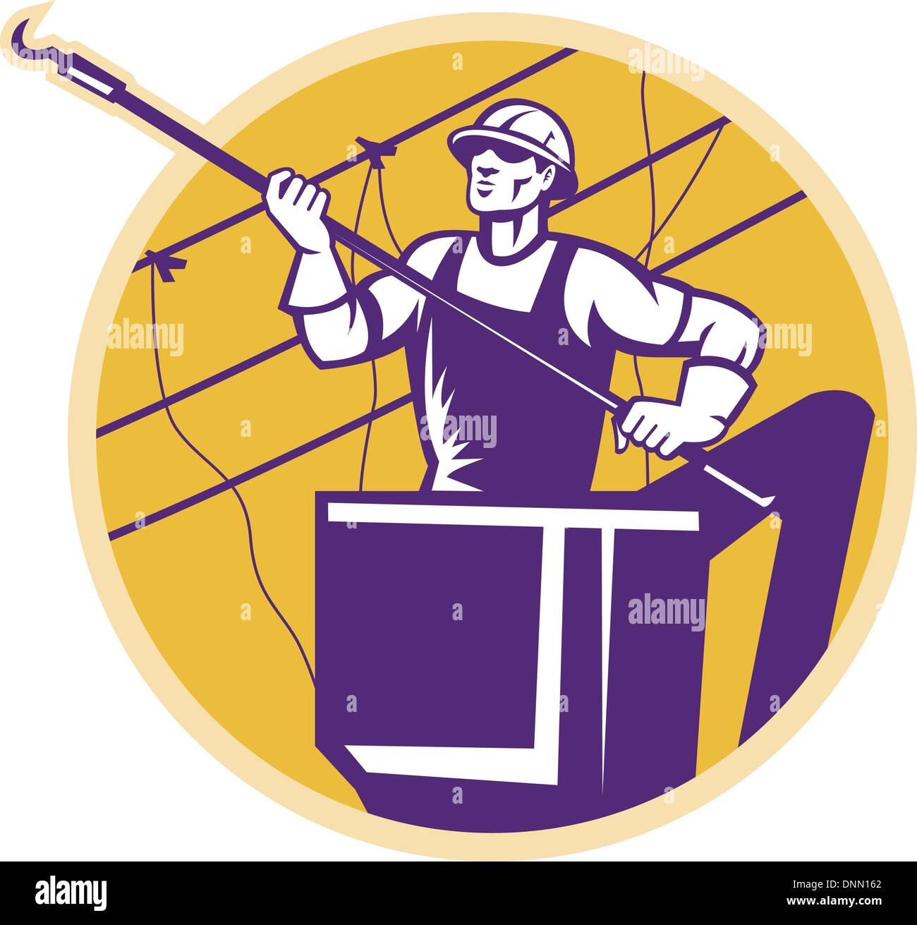 Illustration of a line worker power lineman on cherry picker holding a