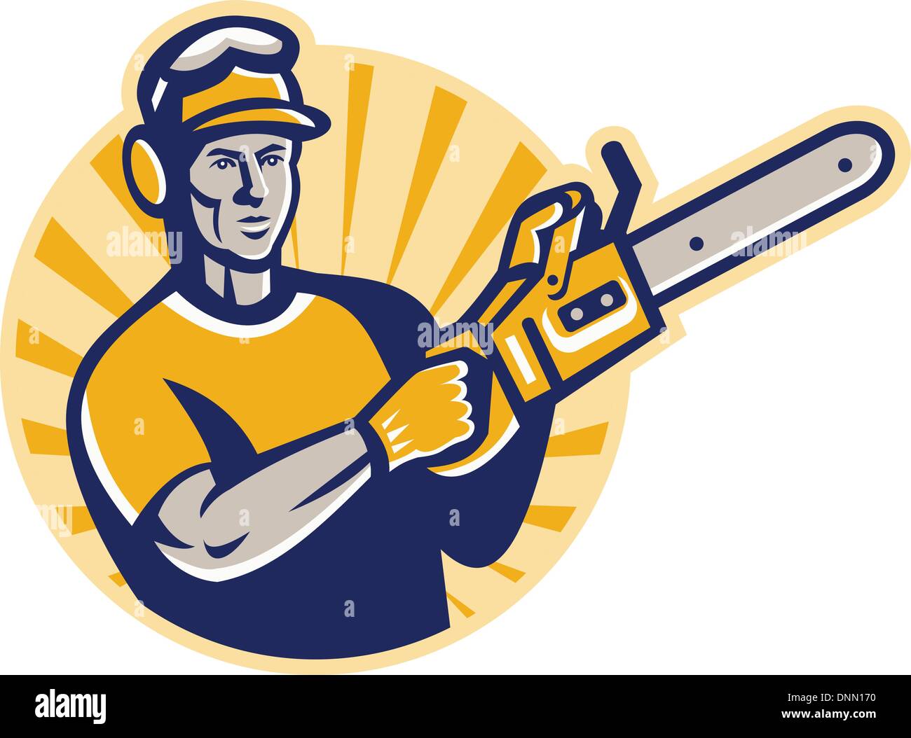 Illustration of an arborist tree surgeon cutter pruner with chain saw set inside circle done in retro style. Stock Vector