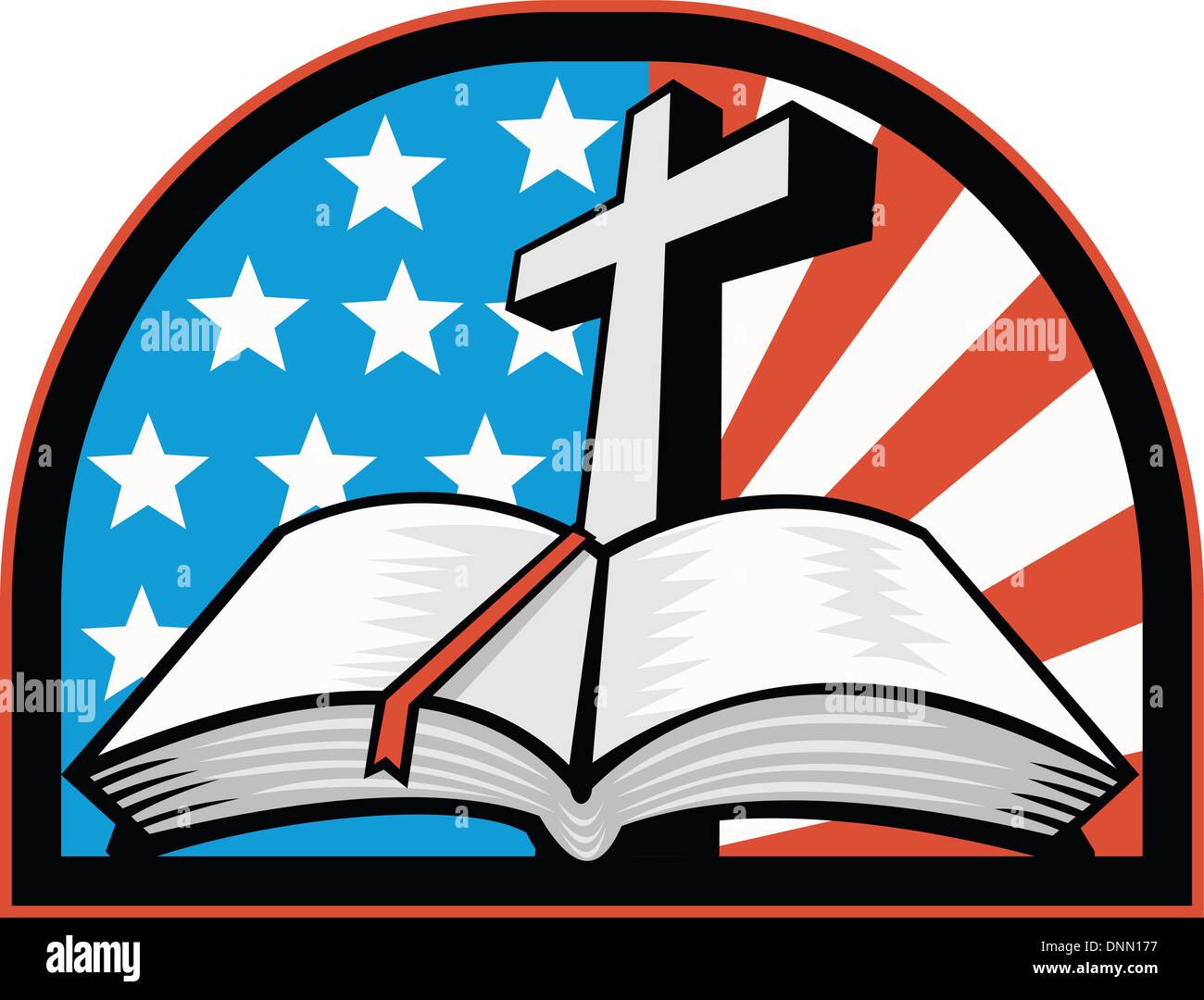 Illustration of the holy bible with cross and American flag stars and stripes. Stock Vector