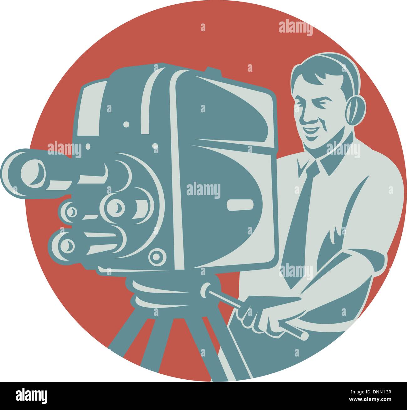 Vector illustration of a cameraman movie director filming vintage tv camera set inside circle shape done in retro style. Stock Vector
