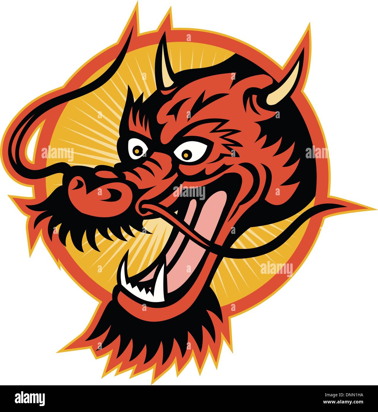 Illustration of a Chinese style red dragon head set inside circle done in retro style. Stock Vector