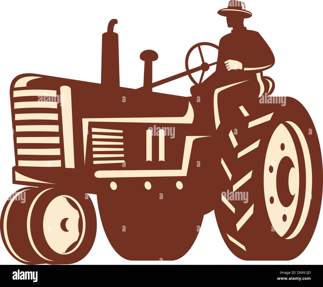 Illustration of a farmer worker driving a vintage tractor on isolated ...