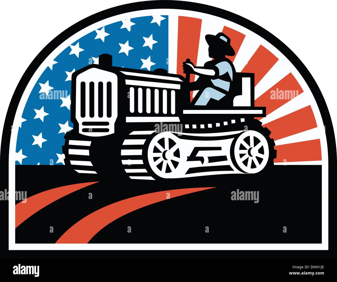 Illustration of a farmer plowing the field with his vintage tractor ...