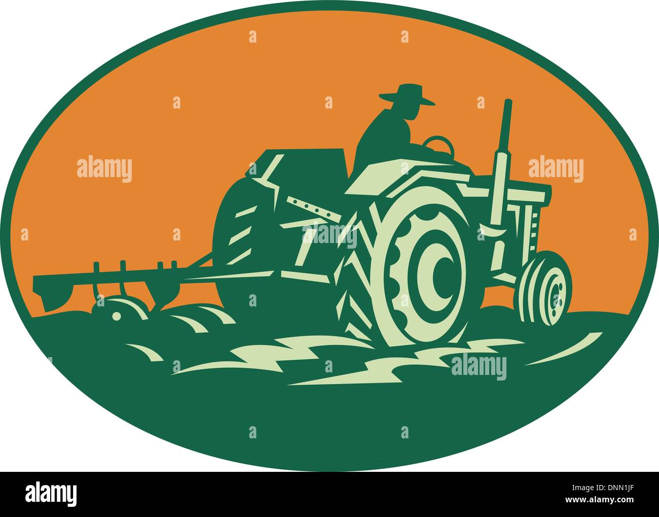 Retro illustration of a farmer worker driving a vintage farm tractor plowing field set inside ellipse. Stock Vector