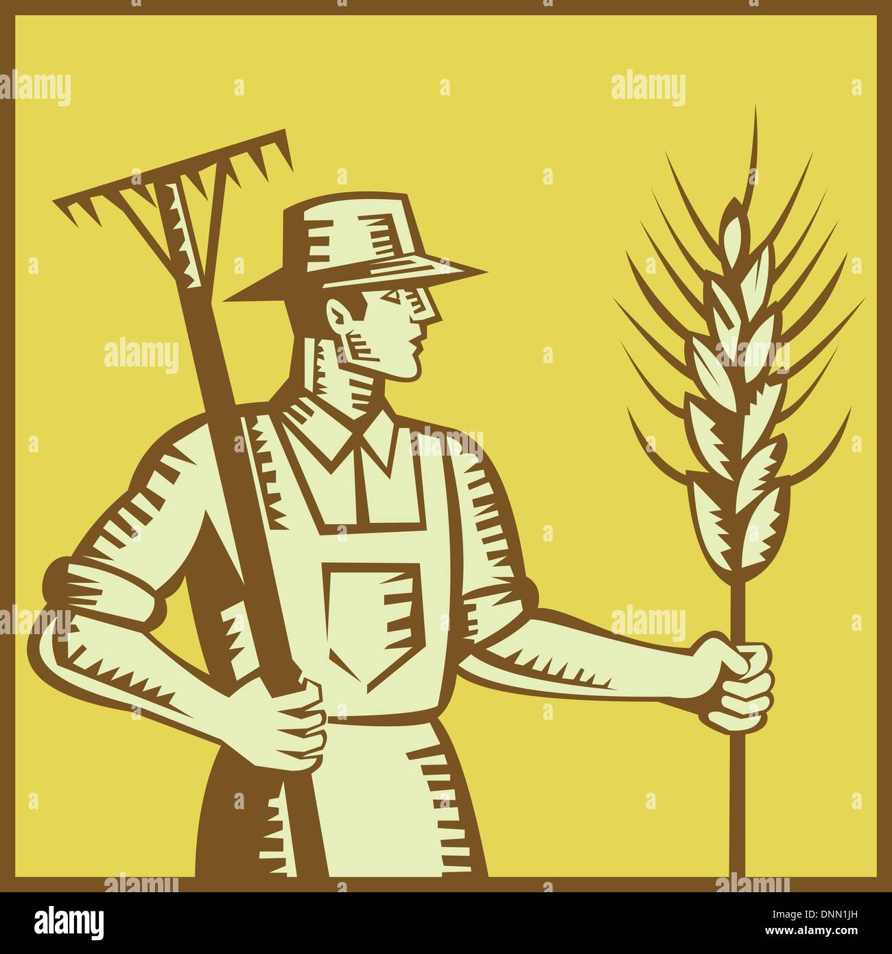 Illustration of a farmer worker holding a rake and wheat set inside square done in retro woodcut style. Stock Vector