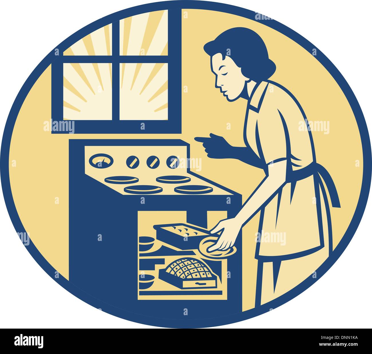 Illustration of a housewife baker baking pastry roasting meat in oven stove done in retro style set inside oval. Stock Vector