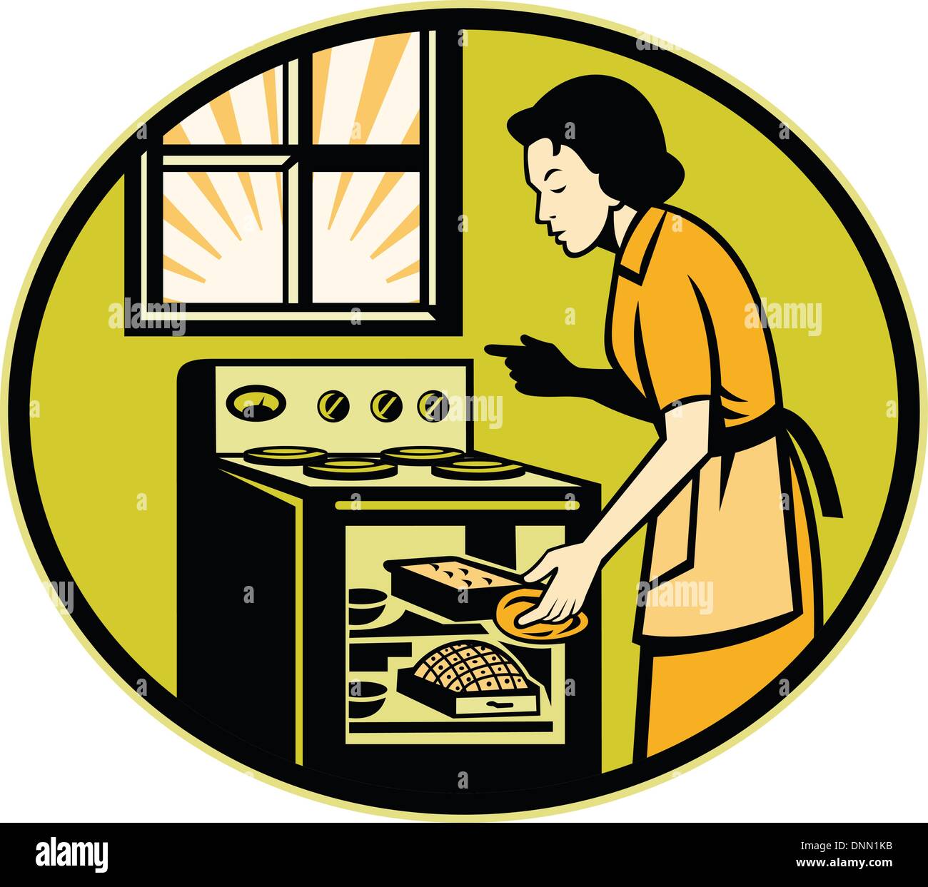 Illustration of a housewife woman baker wearing apron baking in stove oven with window done in retro style. Stock Vector