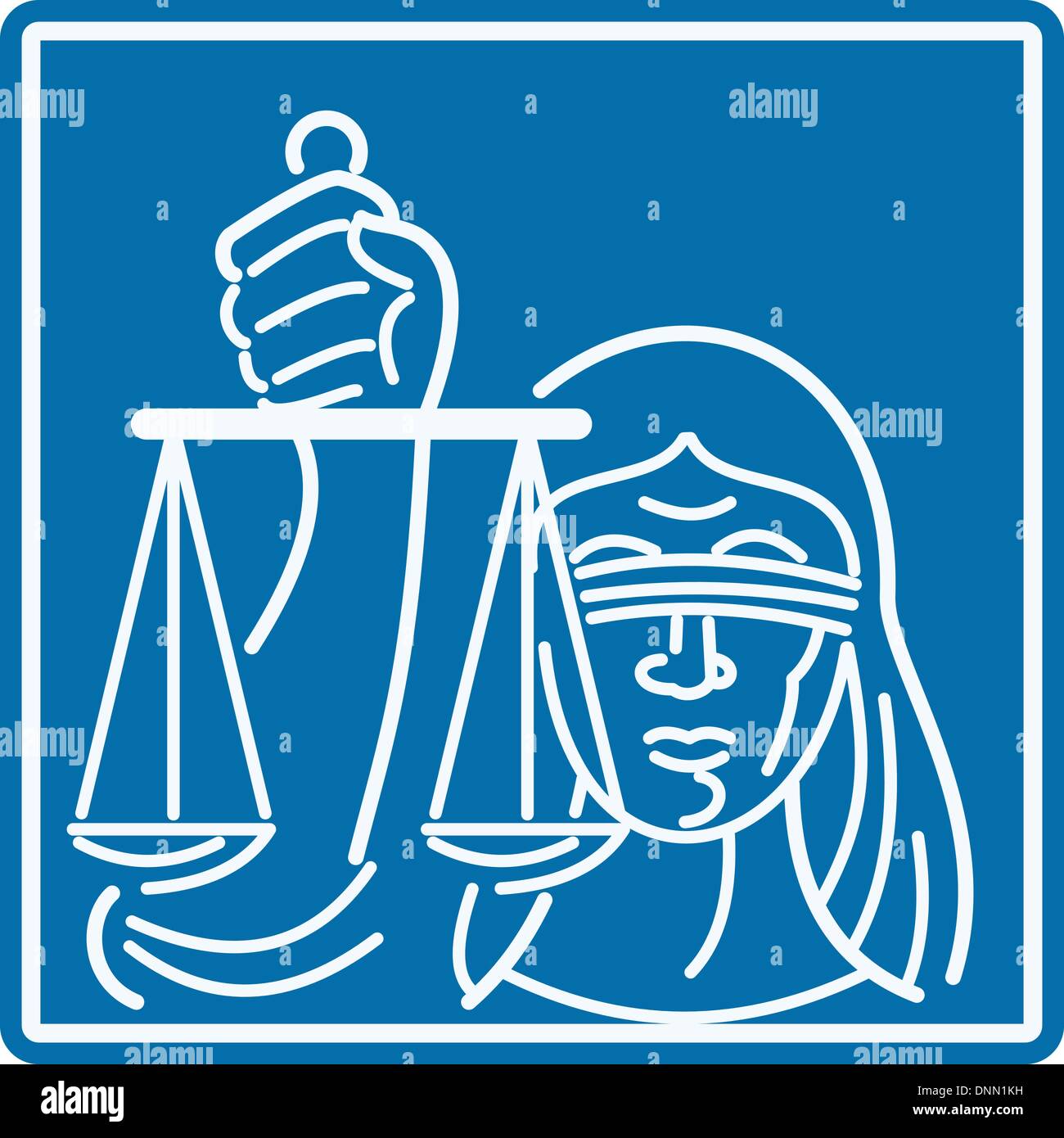 Illustration of a woman lady with blindfold holding weighing scales of justice set inside square