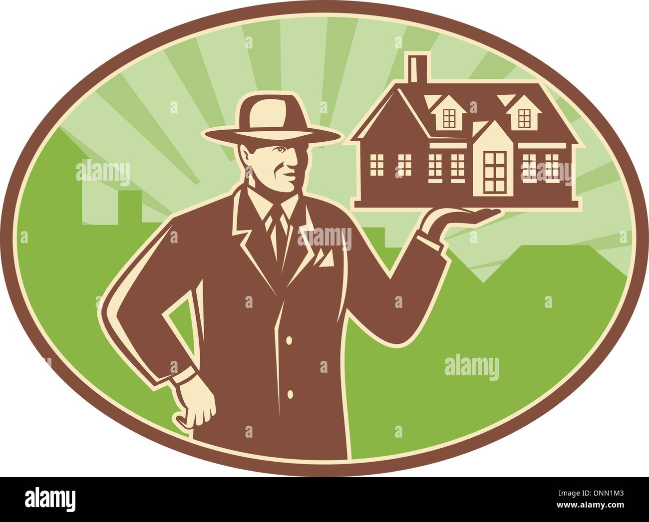 Illustration of a realtor real estate agent salesman holding a house
