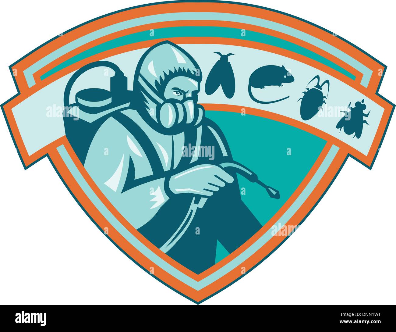 Retro Illustration of a pest control exterminator worker spraying with rat, mice, mouse, fly,bug,cockroach set inside shield on Stock Vector