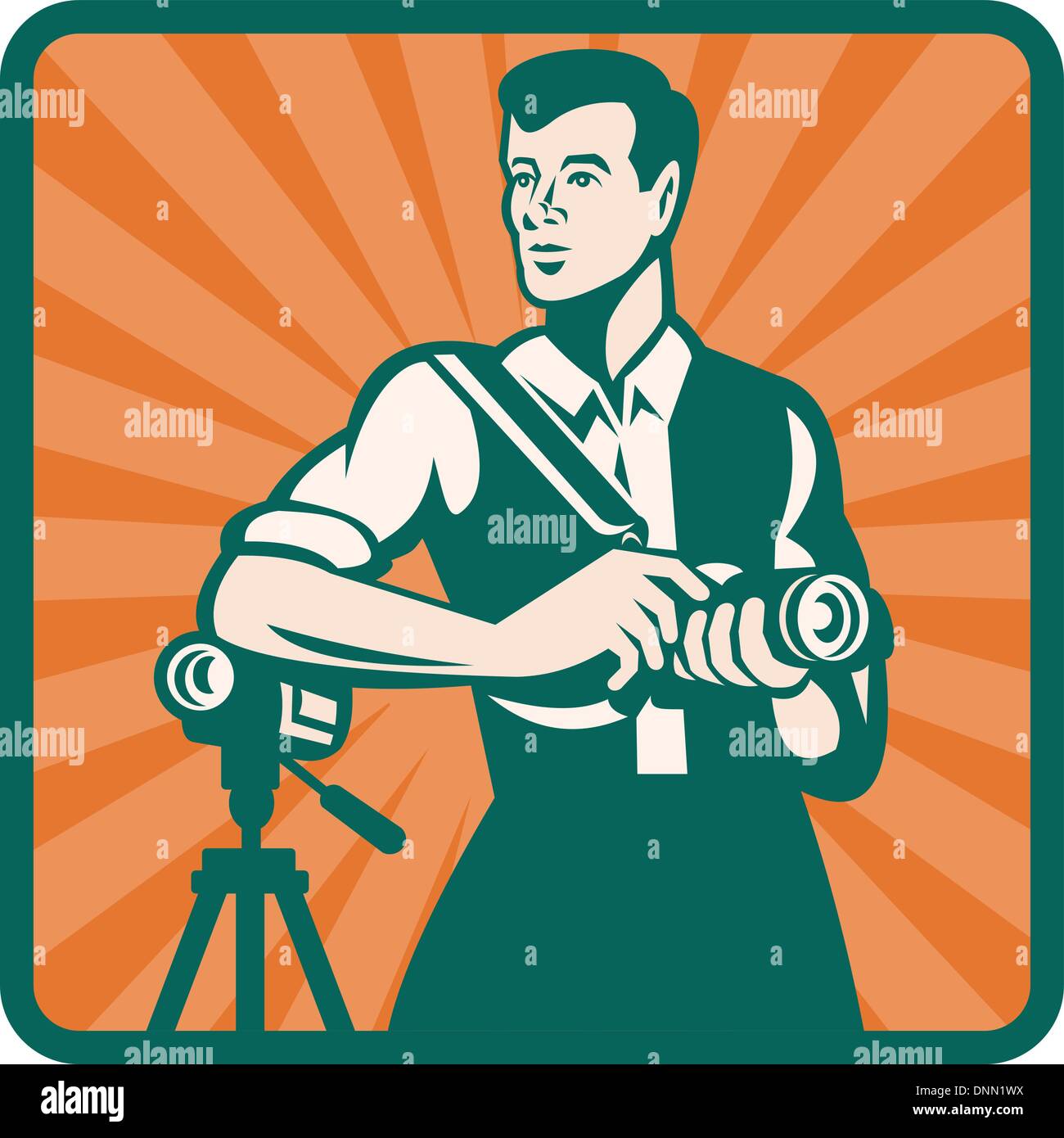 Illustration of a male photographer with DSLR camera and video cam done in retro style. Stock Vector