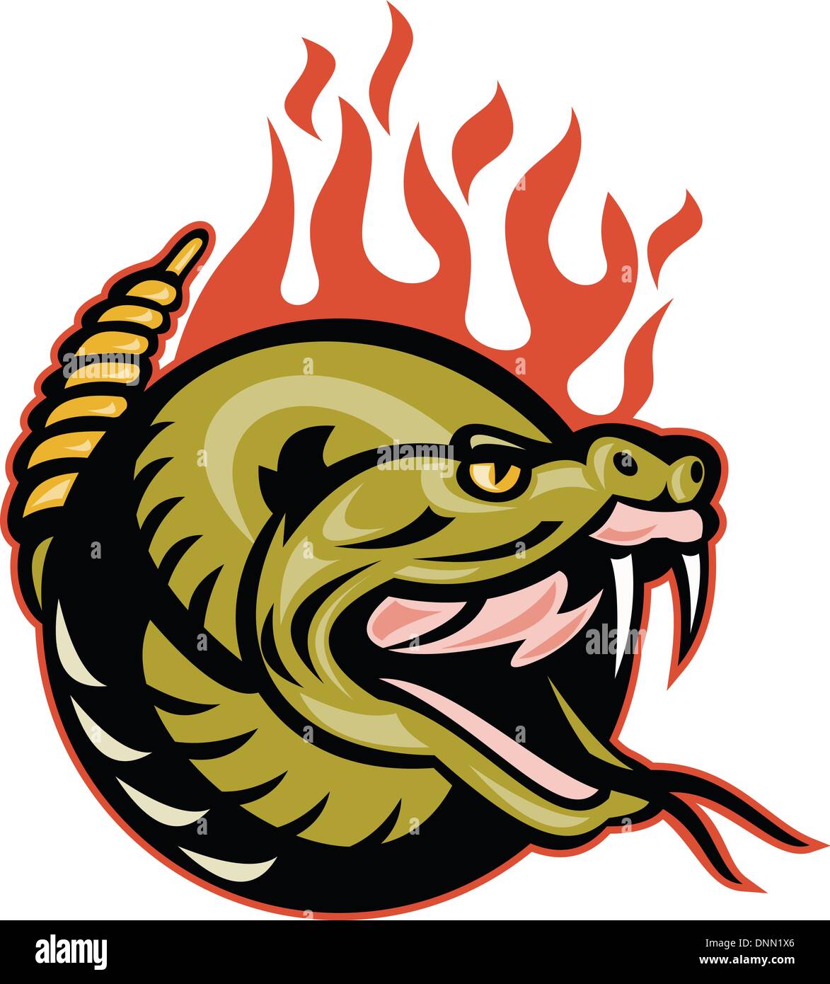 Illustration of a rattlesnake snake head with flames on isolated white
