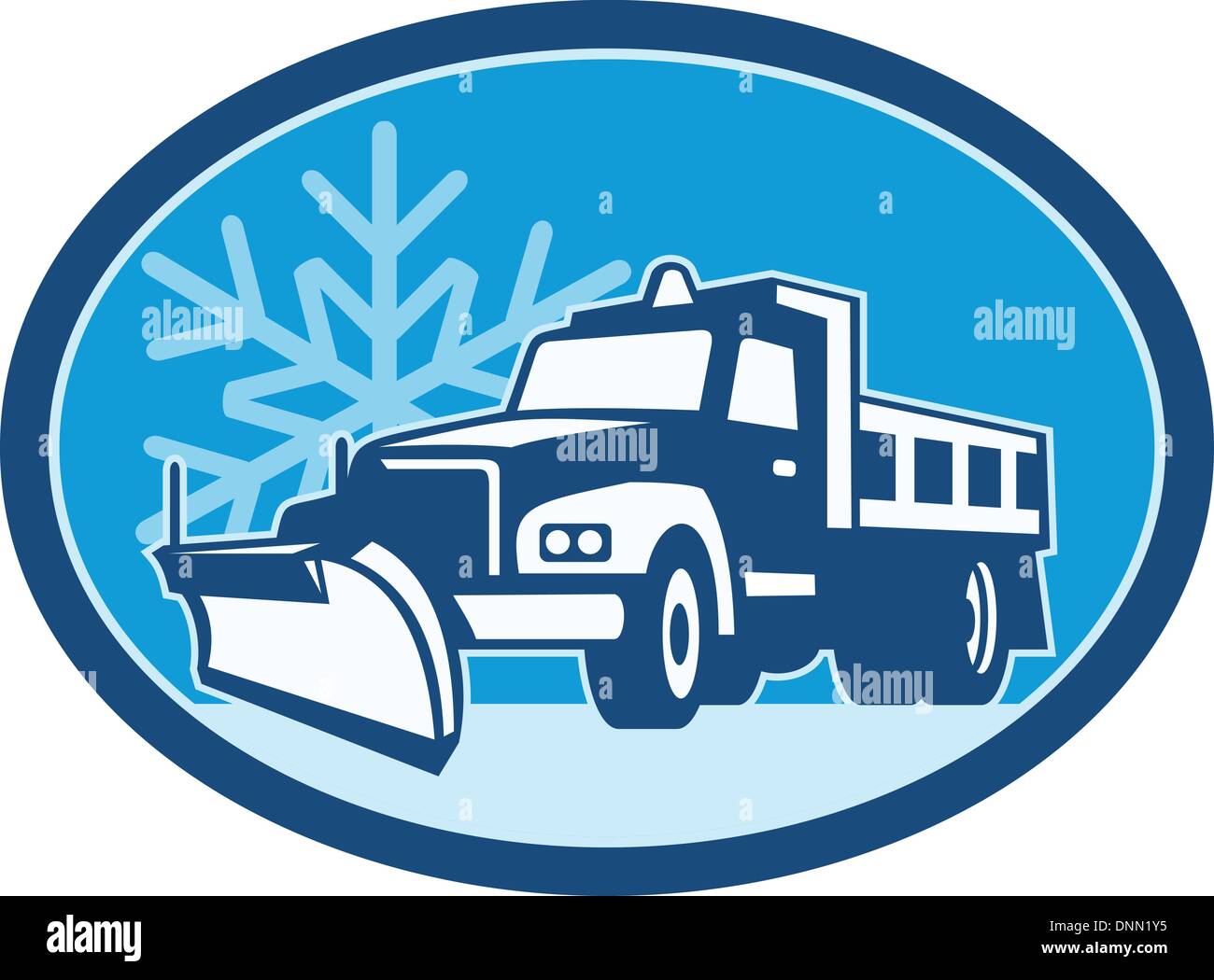 Illustration of a snow plow truck plowing with winter snow flakes in background set inside