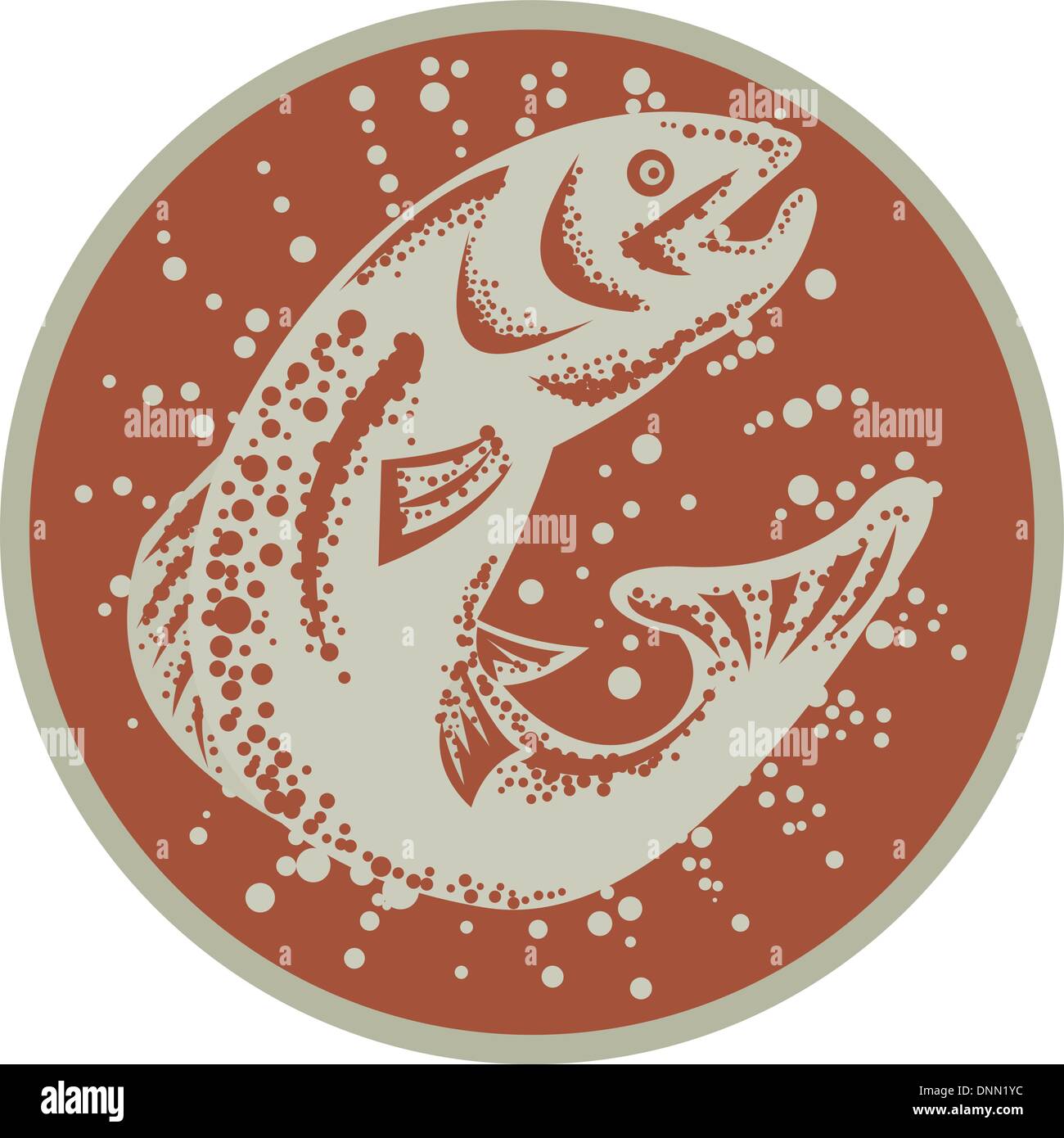 Illustration of a trout fish jumping set inside circle on isolated white background done in retro style. Stock Vector