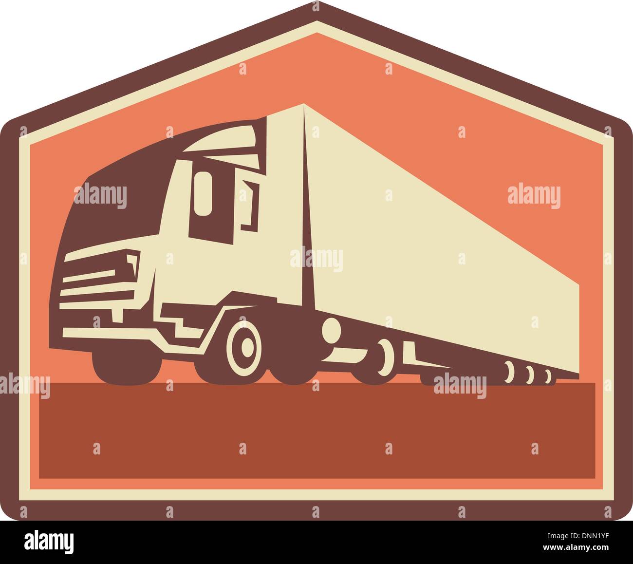 Illustration of a container truck and trailer lorry done in retro style viewed from a low angle. Stock Vector