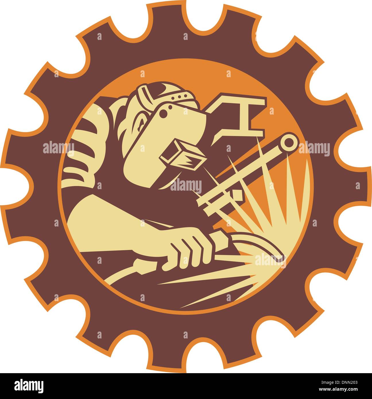 Illustration of a welder fabricator worker welding torch with i-beam pipe and bar set inside gear done in retro style. Stock Vector