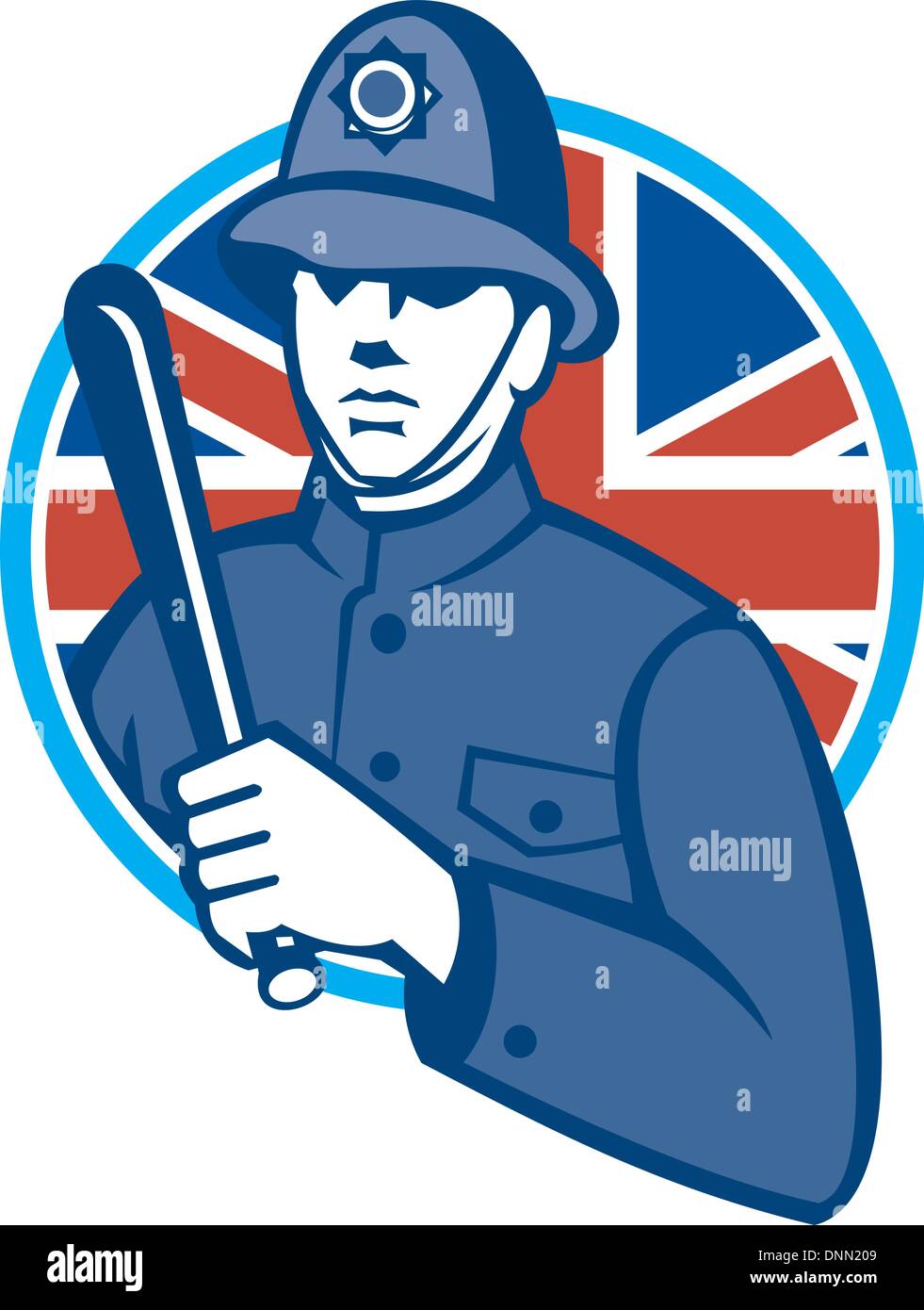 Illustration of a British London bobby police officer policeman man wielding truncheon or baton also called cosh, billystick, billy club, nightstick, sap, stick set inside circle with Union Jack flag in background retro style. Stock Vector