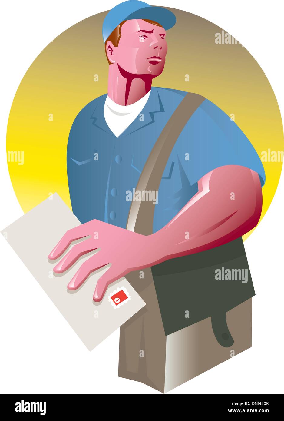 illustration of a postman mailman with holding an envelope and mailbag set inside a circle on isolated background Stock Vector