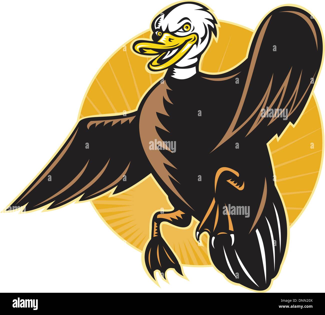 cartoon illustration of an angry mallard duck flying viewed from front with sunburst on isolated background Stock Vector