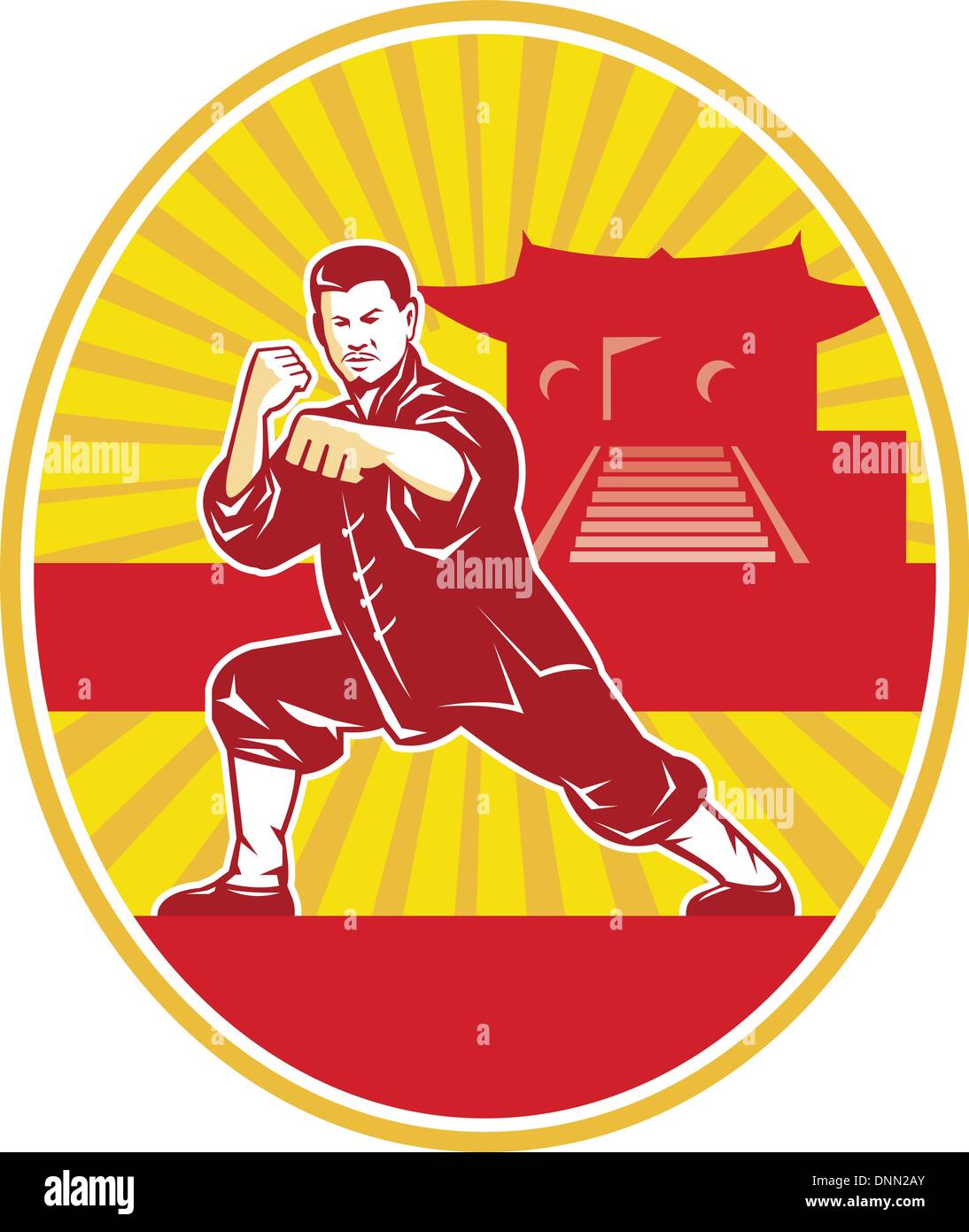 Illustration of shaolin kung fu martial arts karate master in fighting stance with temple and sunburst in background set inside Stock Vector