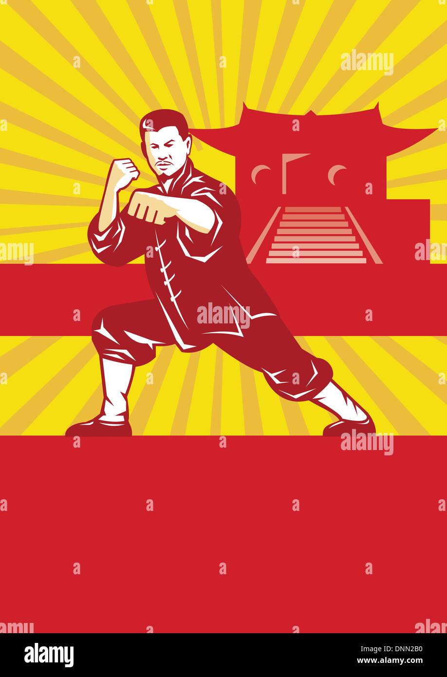 Illustration of shaolin kung fu martial arts karate master in fighting stance with temple and sunburst in background set inside Stock Vector