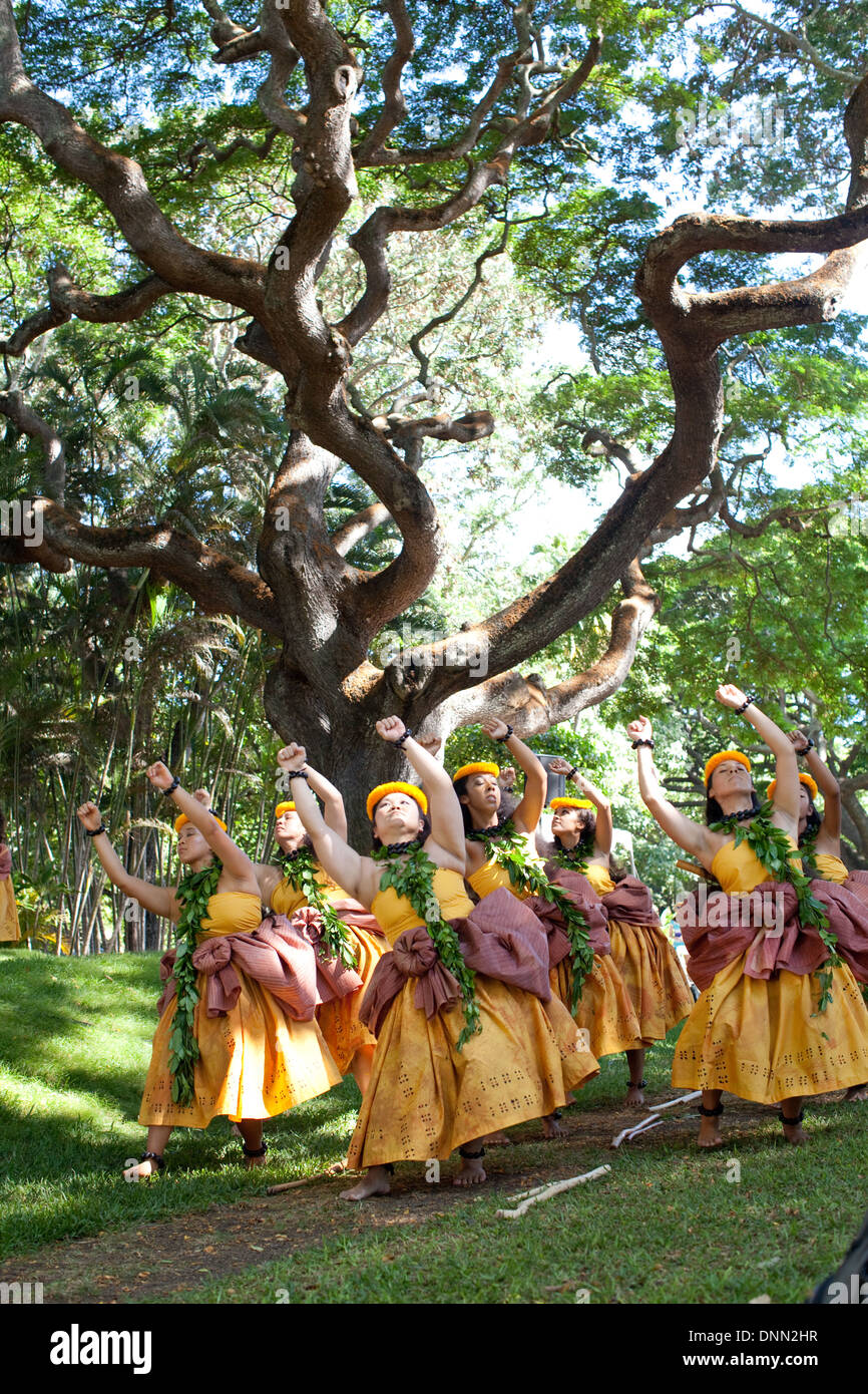 The Halau Na Mamo O Puuanahulu dance troupe performs at the Honolulu Hula Festival, summer of 2013 Stock Photo