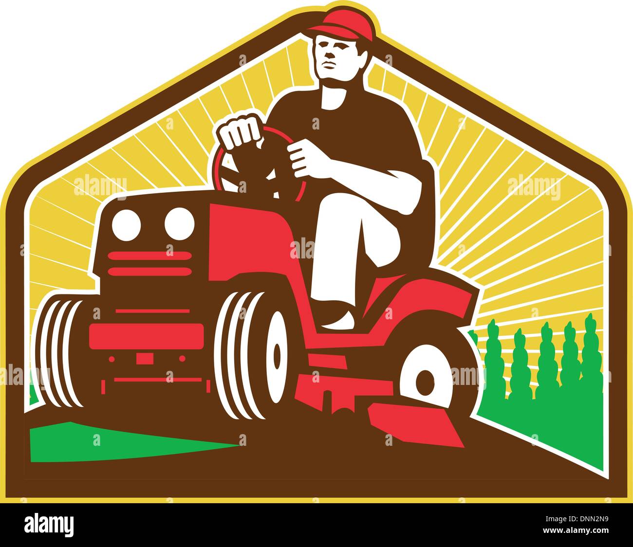 Illustration of retro style male gardener riding ride on lawn mower done in retro style. Stock Vector