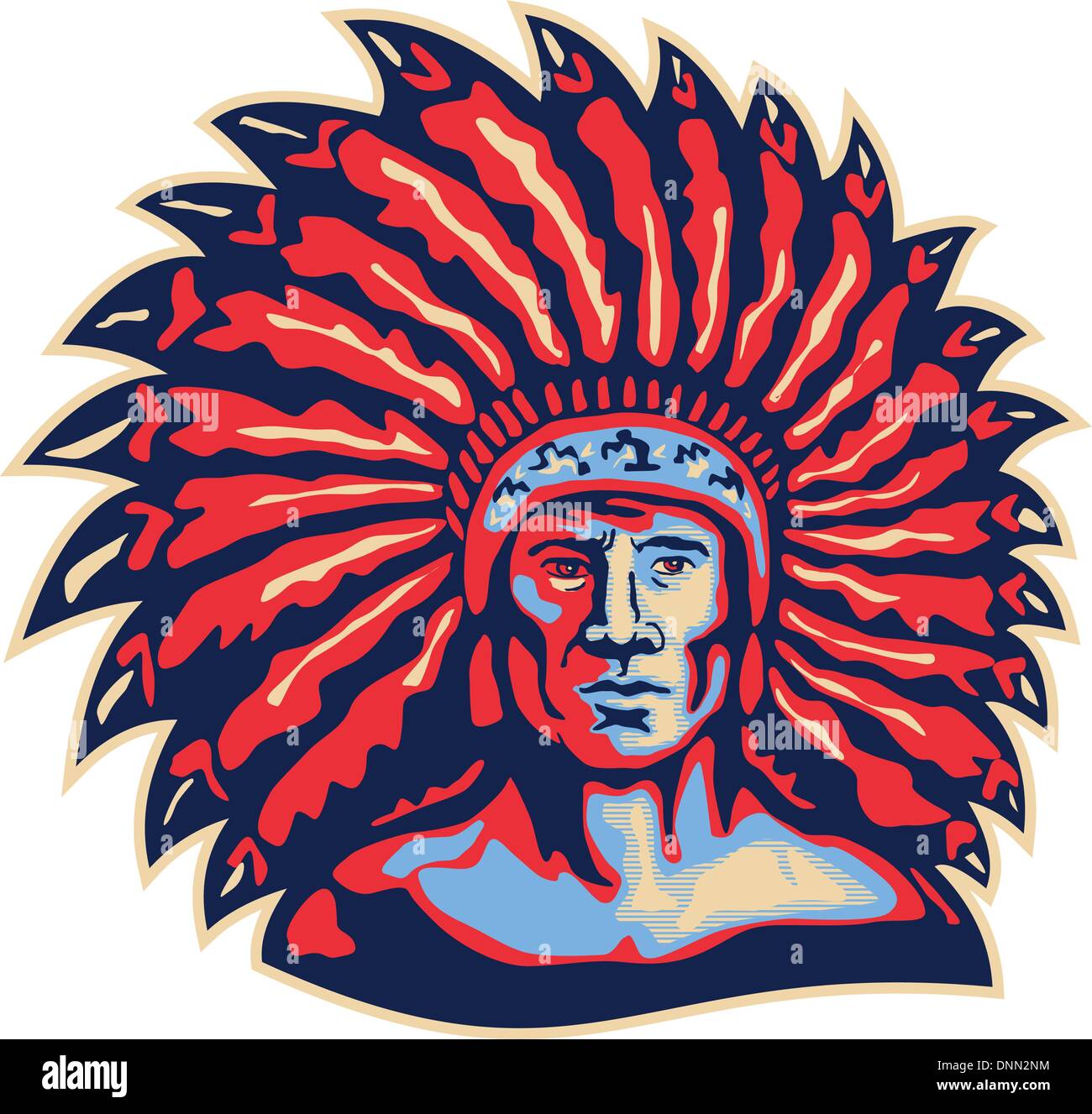 Illustration of a native american indian chief viewed from front done in retro style on isolated white background. Stock Vector