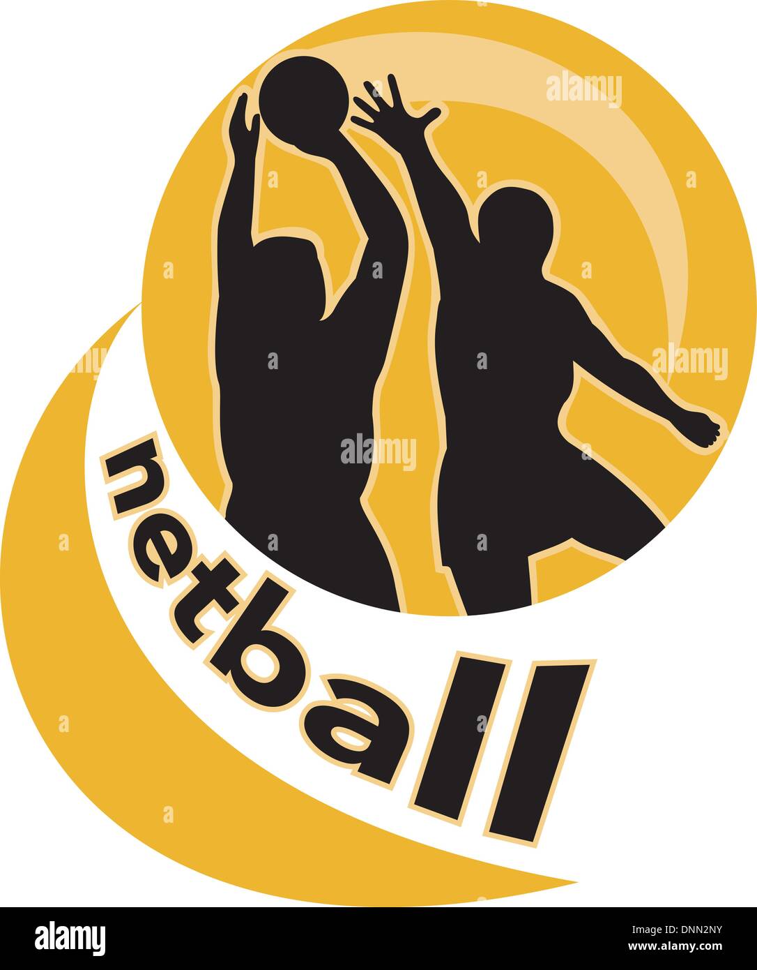 illustration of a netball player shooting ball with another player blocking  shot set inside circle with words "netball Stock Vector Image & Art - Alamy