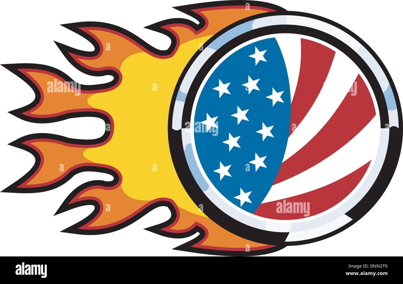 illustration of an american flag set inside metallic ring on fire Stock Vector