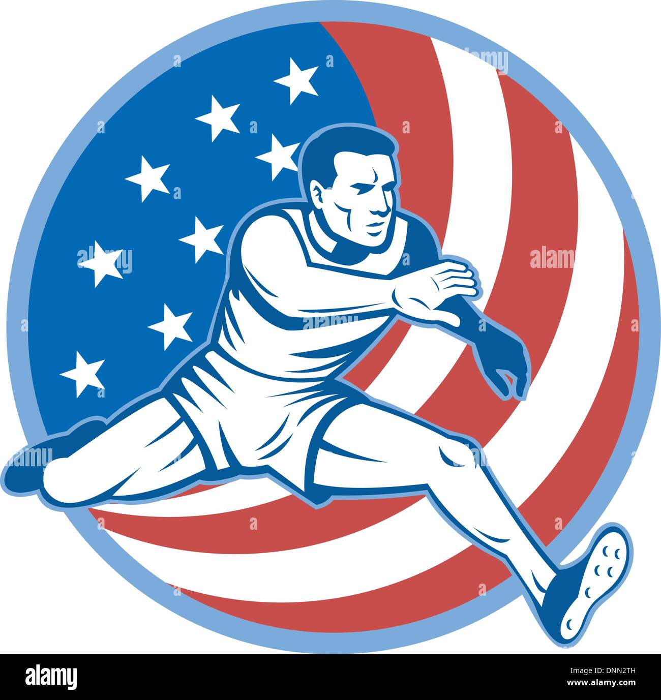 illustration of an American track and field athlete jumping with stars and stripes. Stock Vector