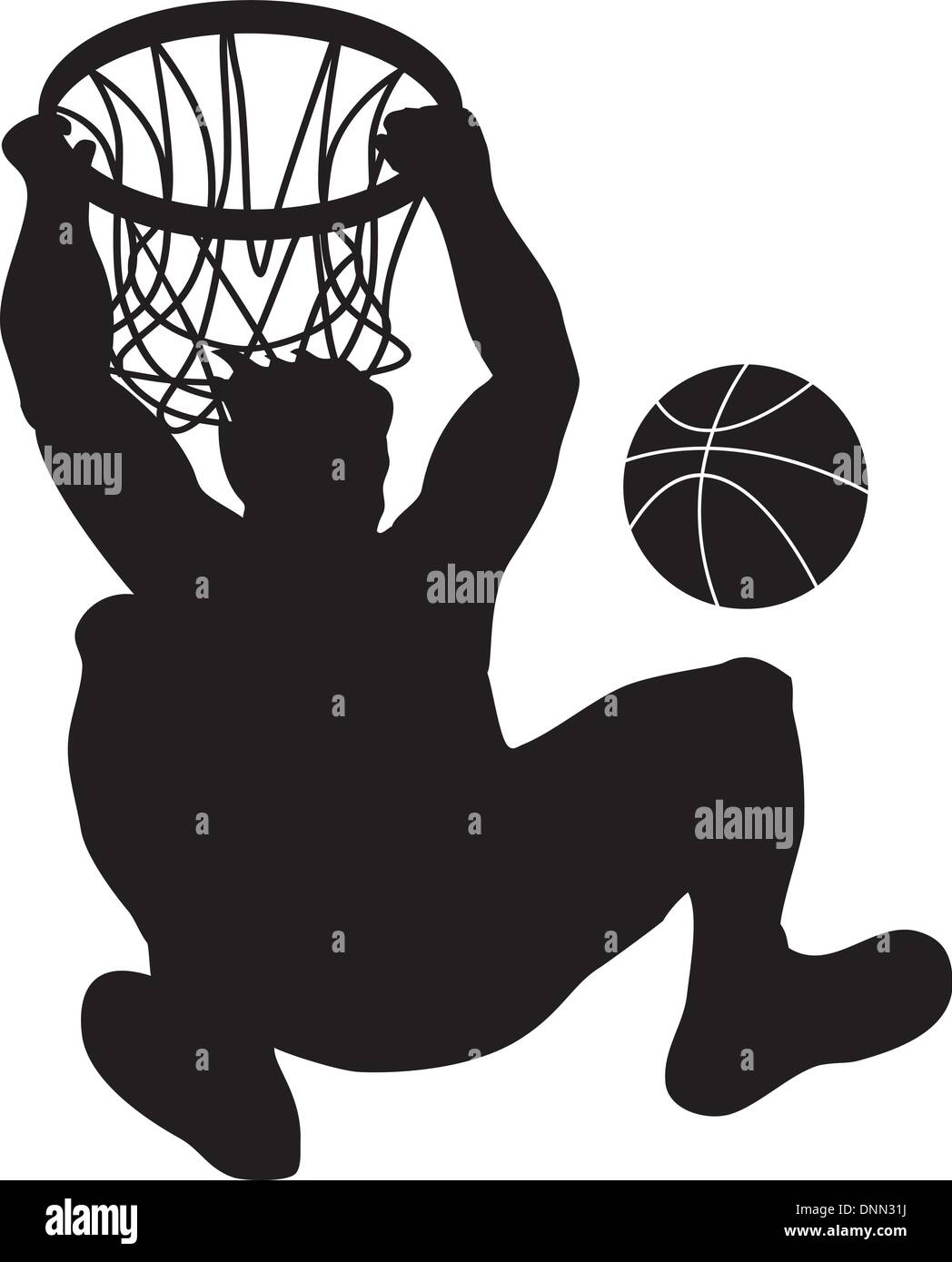 Illustration of a basketball player dunking ball on isolated white background. Stock Vector