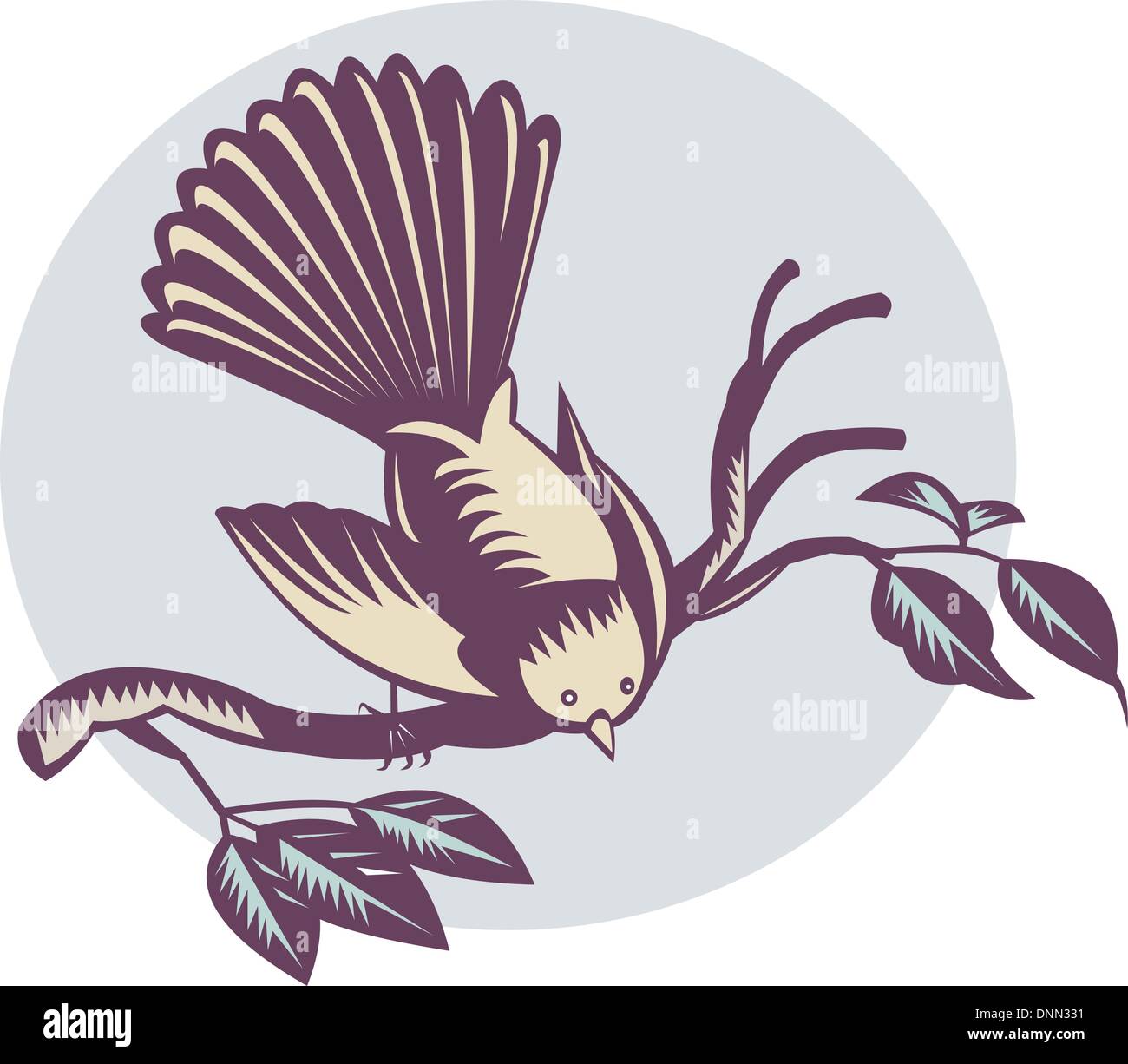 illustration of a New Zealand fantail bird on a branch done in retro