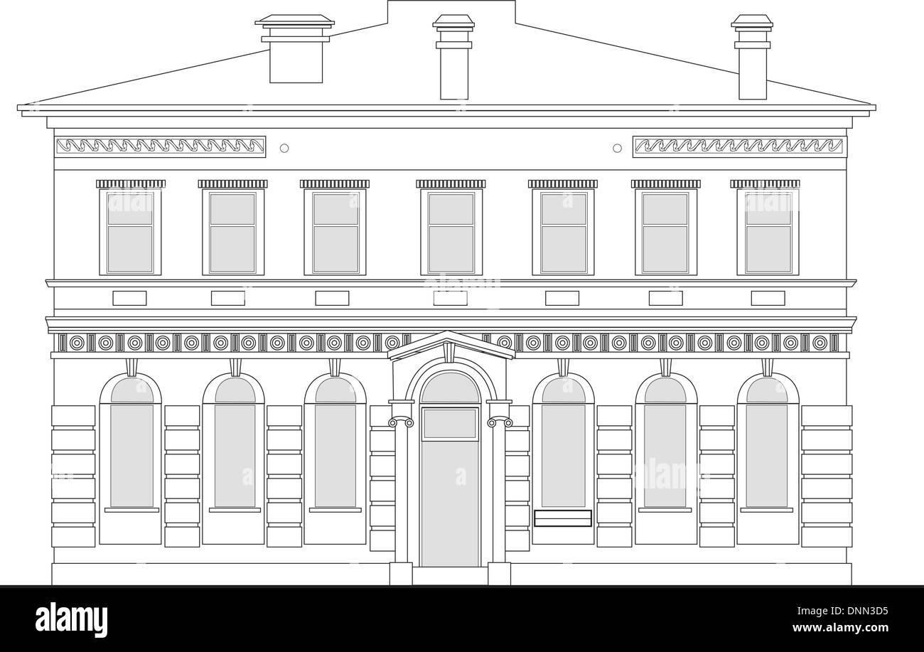 line drawing illustration of a heritage mansion building viewed from front elevation on white background Stock Vector