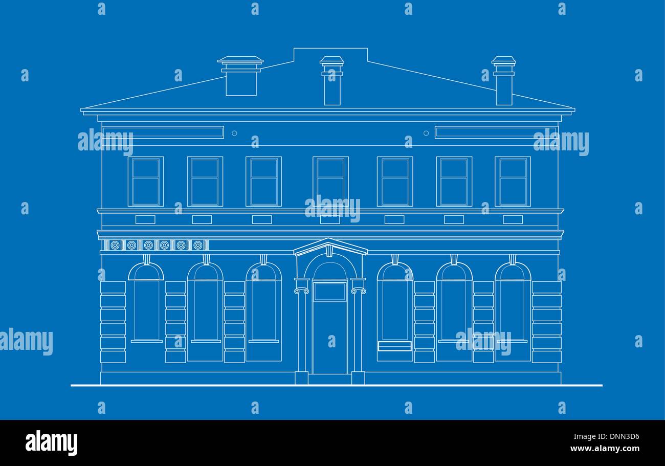 line drawing illustration of a heritage mansion building viewed from front elevation on blue background Stock Vector
