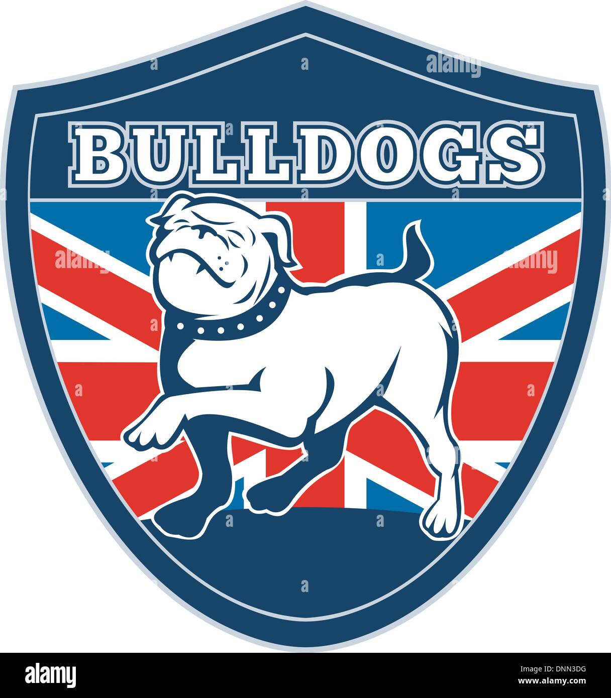 illustration of a Proud English bulldog marching with Great Britain or British flag in background set inside a shield with words bulldogs' suitable for any sports team mascot' Stock Vector
