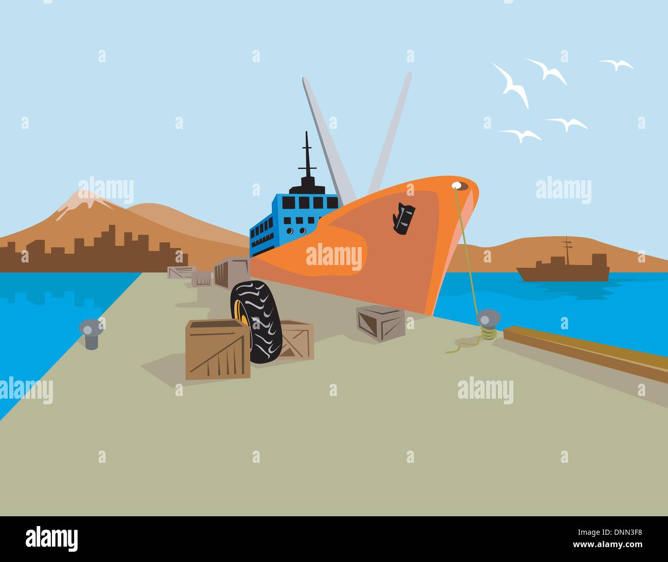 illustration of a passenger ferry cargo ship done in retro style docked in harbor pier with truck. Stock Vector