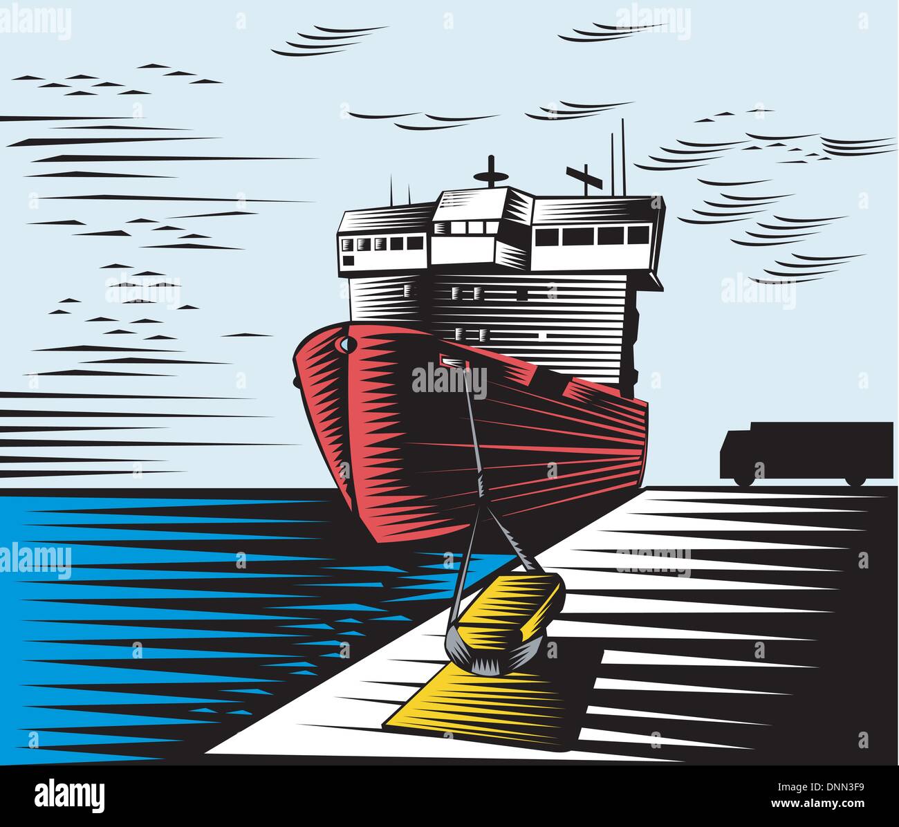 illustration of a passenger ferry cargo ship done in retro woodcut style docked in harbor pier with truck. Stock Vector