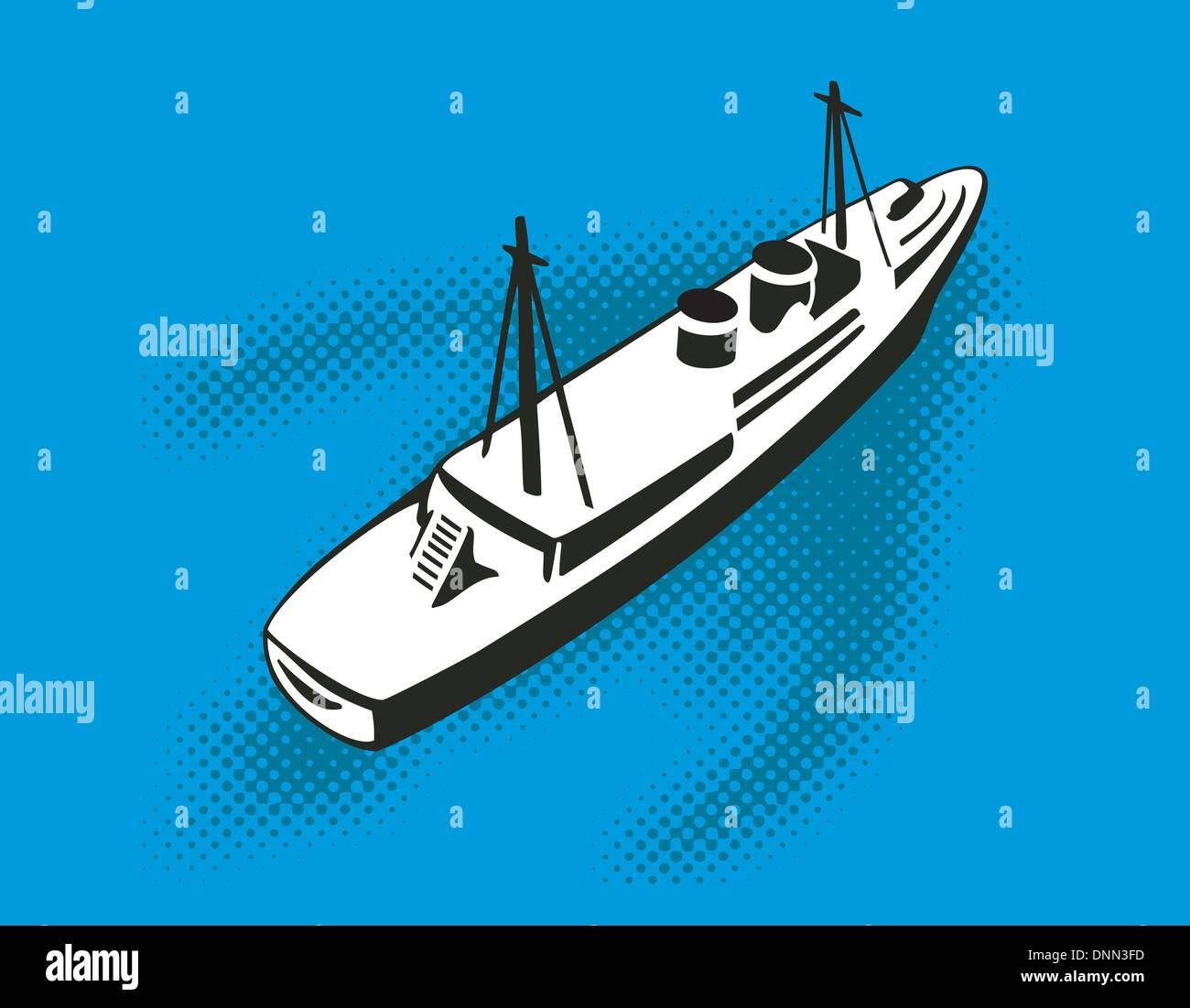 illustration of a passenger cargo ship aerial view done in retro style Stock Vector
