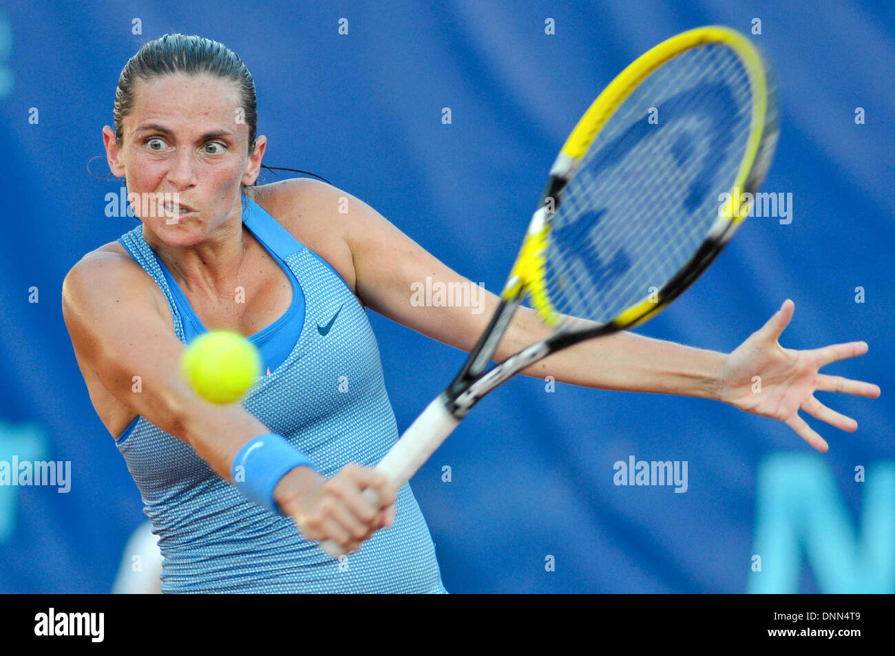 Palermo, Italy. 12th July, 2013. Roberta Vinci, 30, winner of the tournament, playing a slice backhand, in Palermo, Italy, on July 12, 2013.Photo: Guglielmo Mangiapane/NurPhoto © Guglielmo Mangiapane/NurPhoto/ZUMAPRESS.com/Alamy Live News Stock Photo