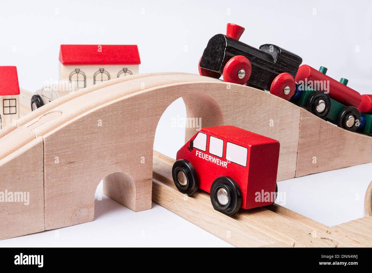 toy traffic with car and train isolated on grey background. horizontal image Stock Photo