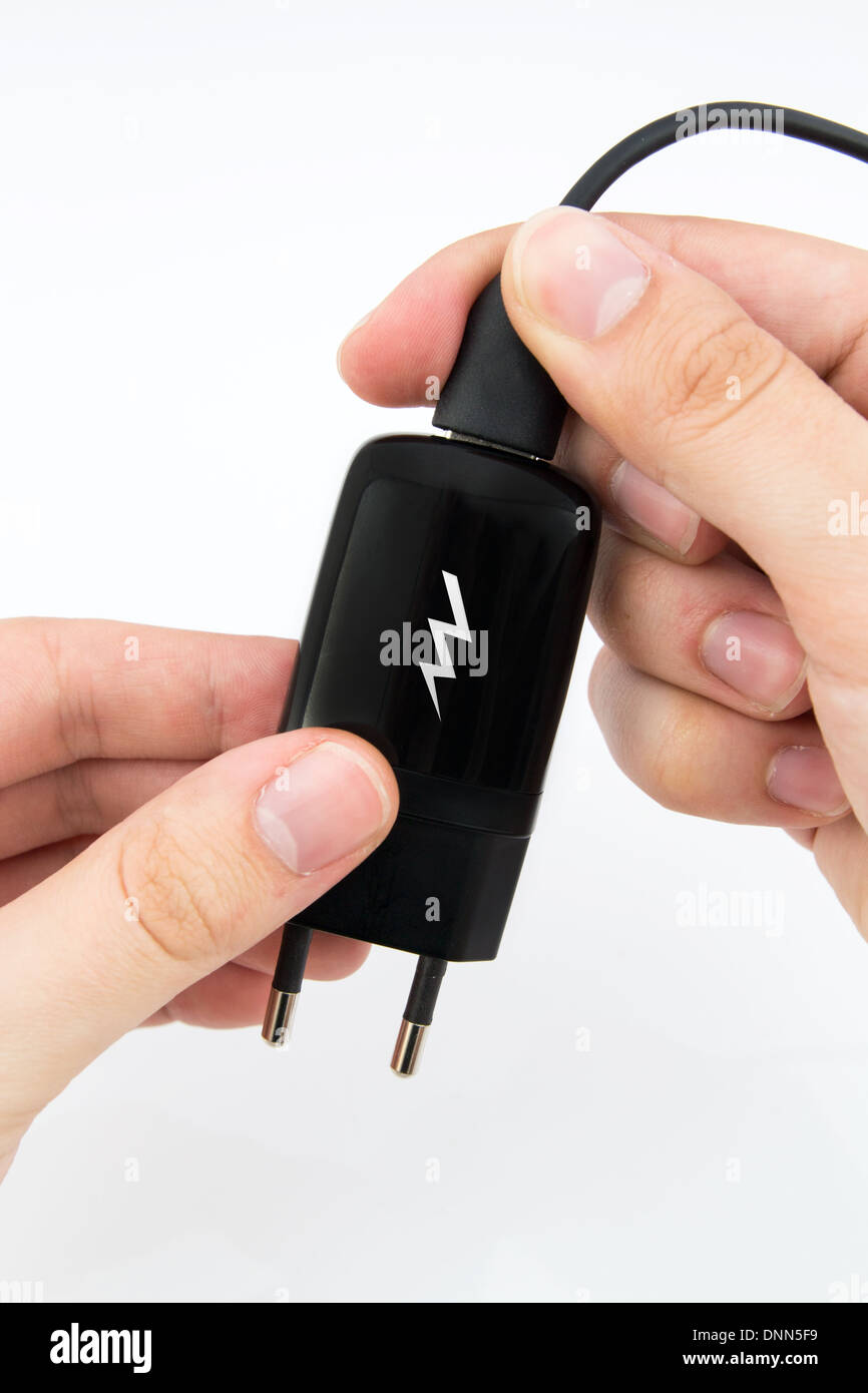 Man Using Black USB Phone Charger Stock Photo Alamy