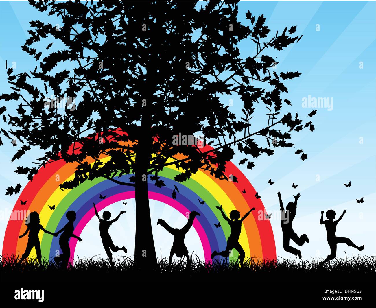 Silhouettes of children chasing butterflies Stock Vector