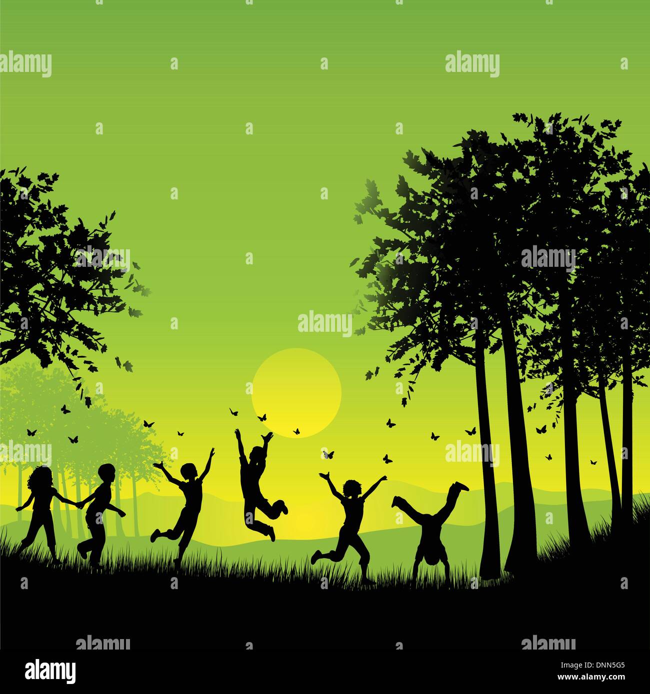 Silhouettes of children playing outside chasing butterflies Stock Vector